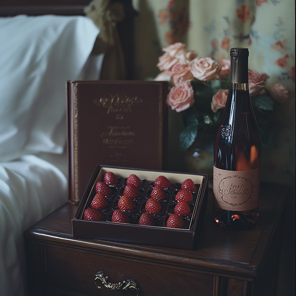 A Bible, a box of strawberries and a bottle of wine on a bedroom side table | Source: Midjourney