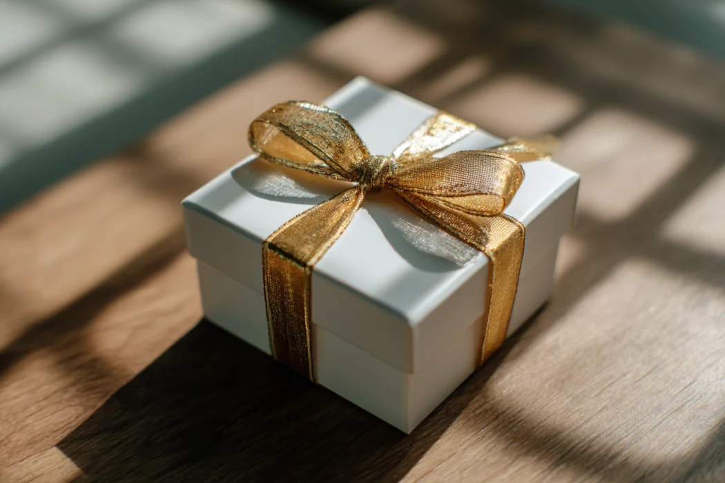 A sleek white box tied with a golden ribbon | Source: Midjourney