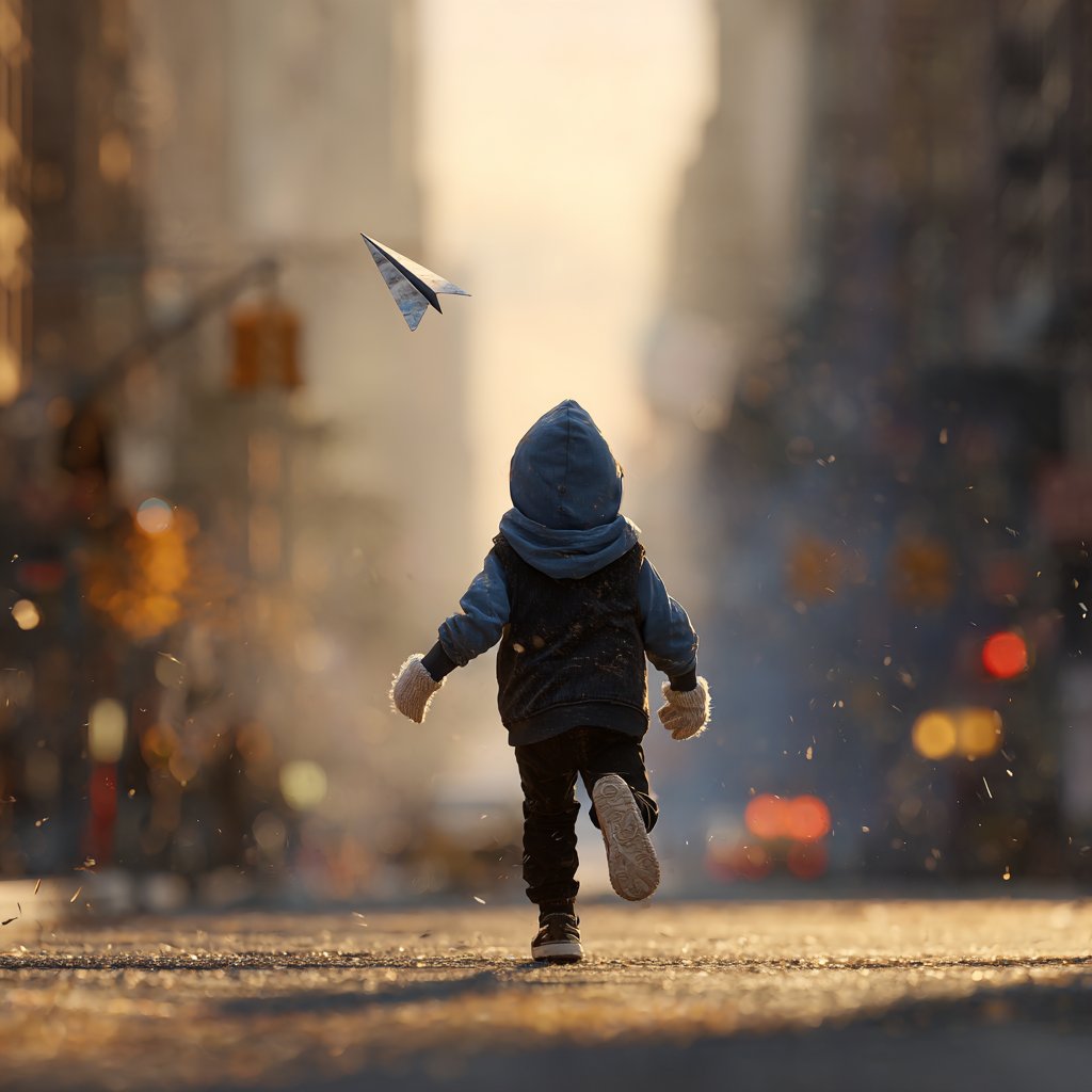 A little boy chasing a paper airplane on the road | Source: Midjourney