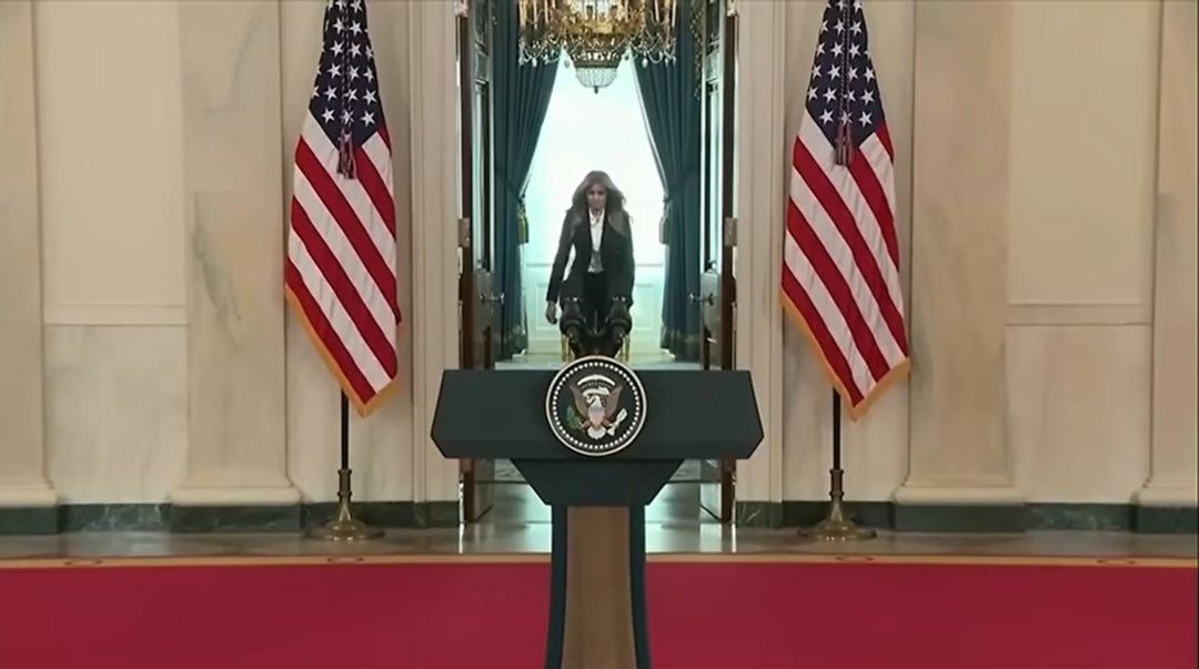 Melania Trump walks toward the presidential podium in a moment captured at timestamp 6:30 from a Fox News video published on November 7, 2025 | Source: YouTube/@FoxNews