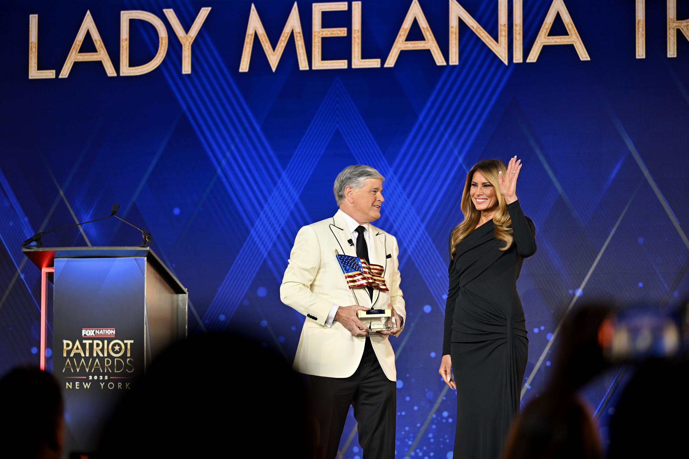 Melania Trump accepts the Patriot of the Year Award from Sean Hannity at Tilles Center for the Performing Arts on November 6, 2025 in Greenvale, New York | Source: Getty Images