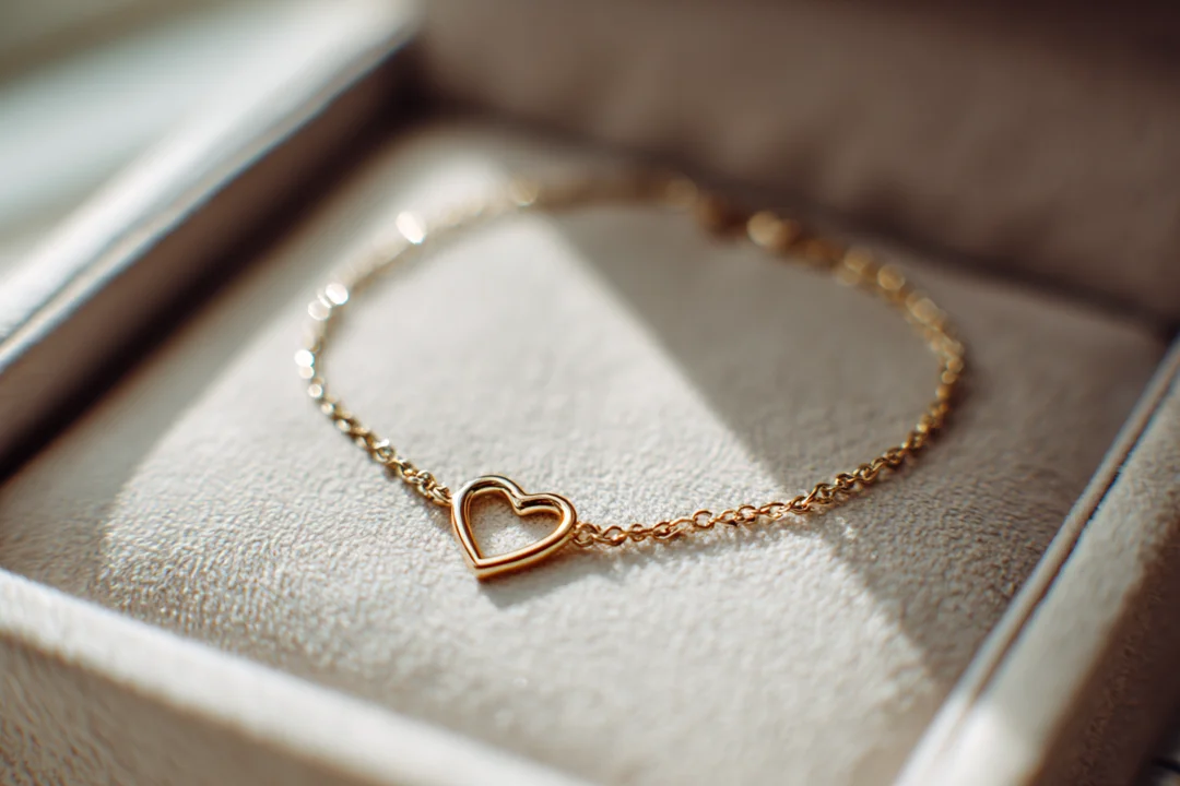 A delicate gold bracelet with a small heart-shaped charm | Source: Midjourney