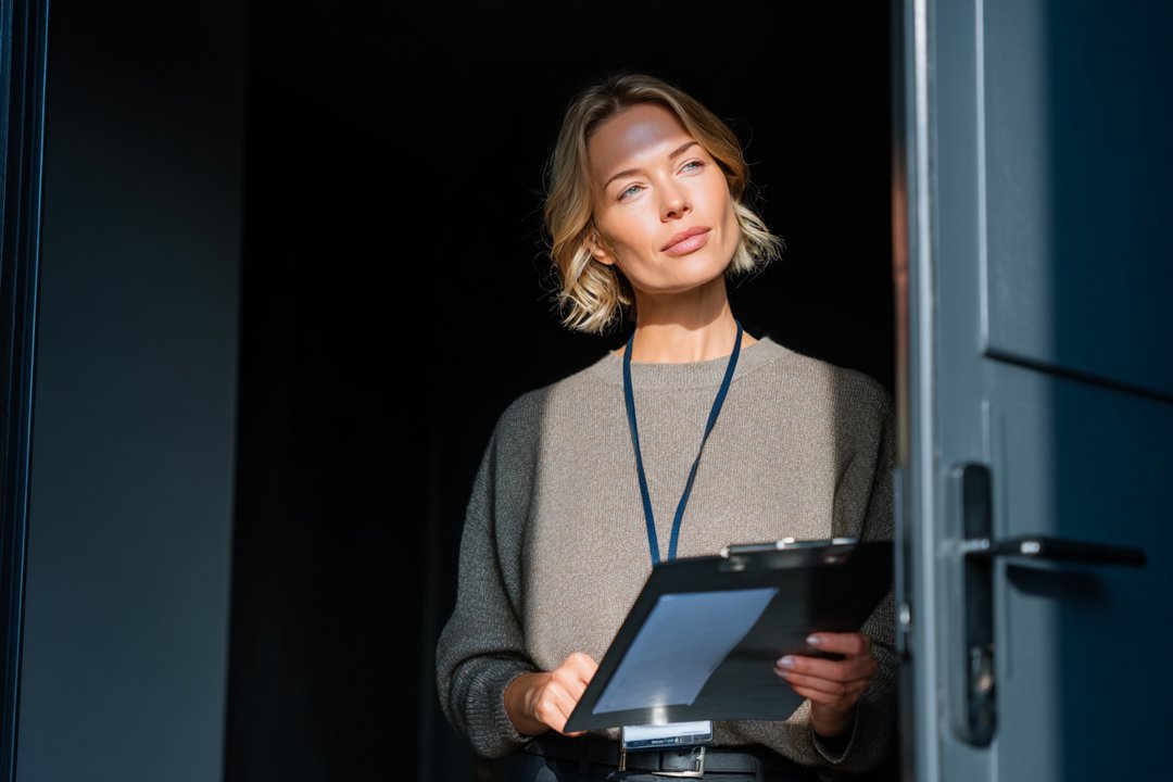 A woman standing at the door with a clipboard | Source: Midjourney