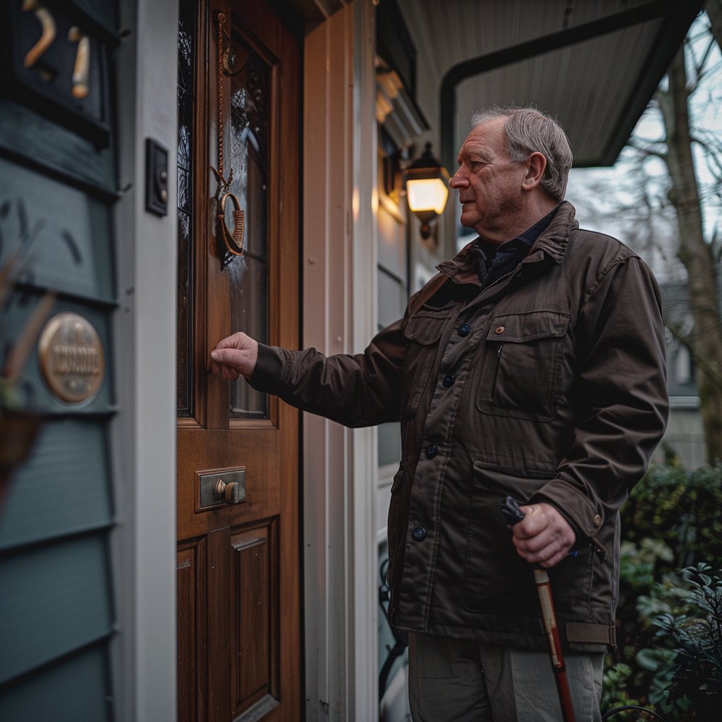 A man with a cane knocking on a front door | Source: Midjourney