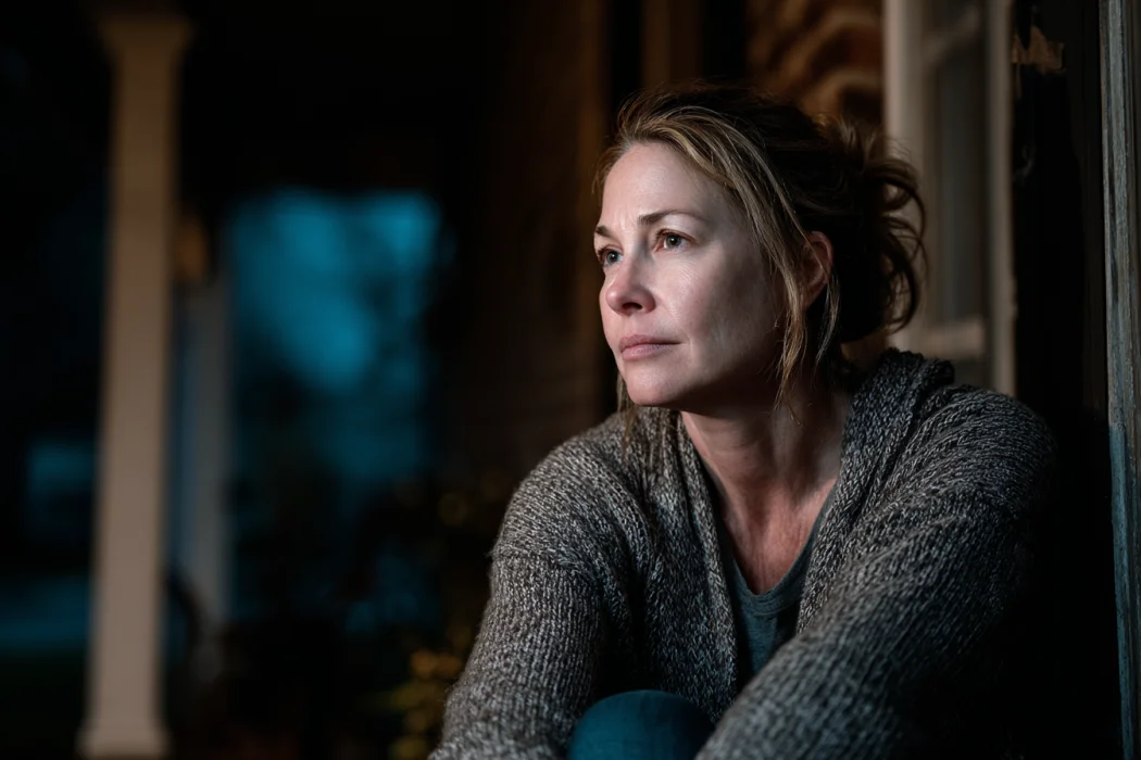 Close-up shot of a woman sitting on her front porch at night | Source: Midjourney