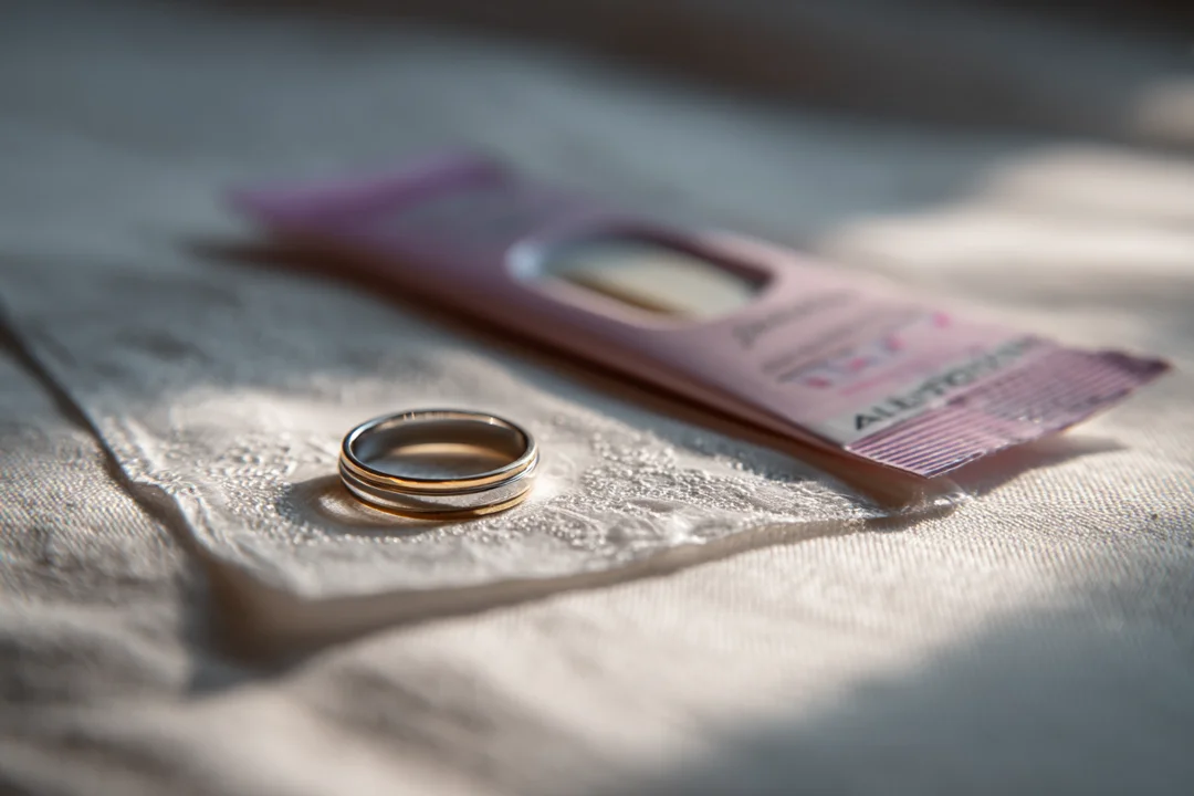 A wedding ring lying next to an unopened pregnancy test kit | Source: Midjourney