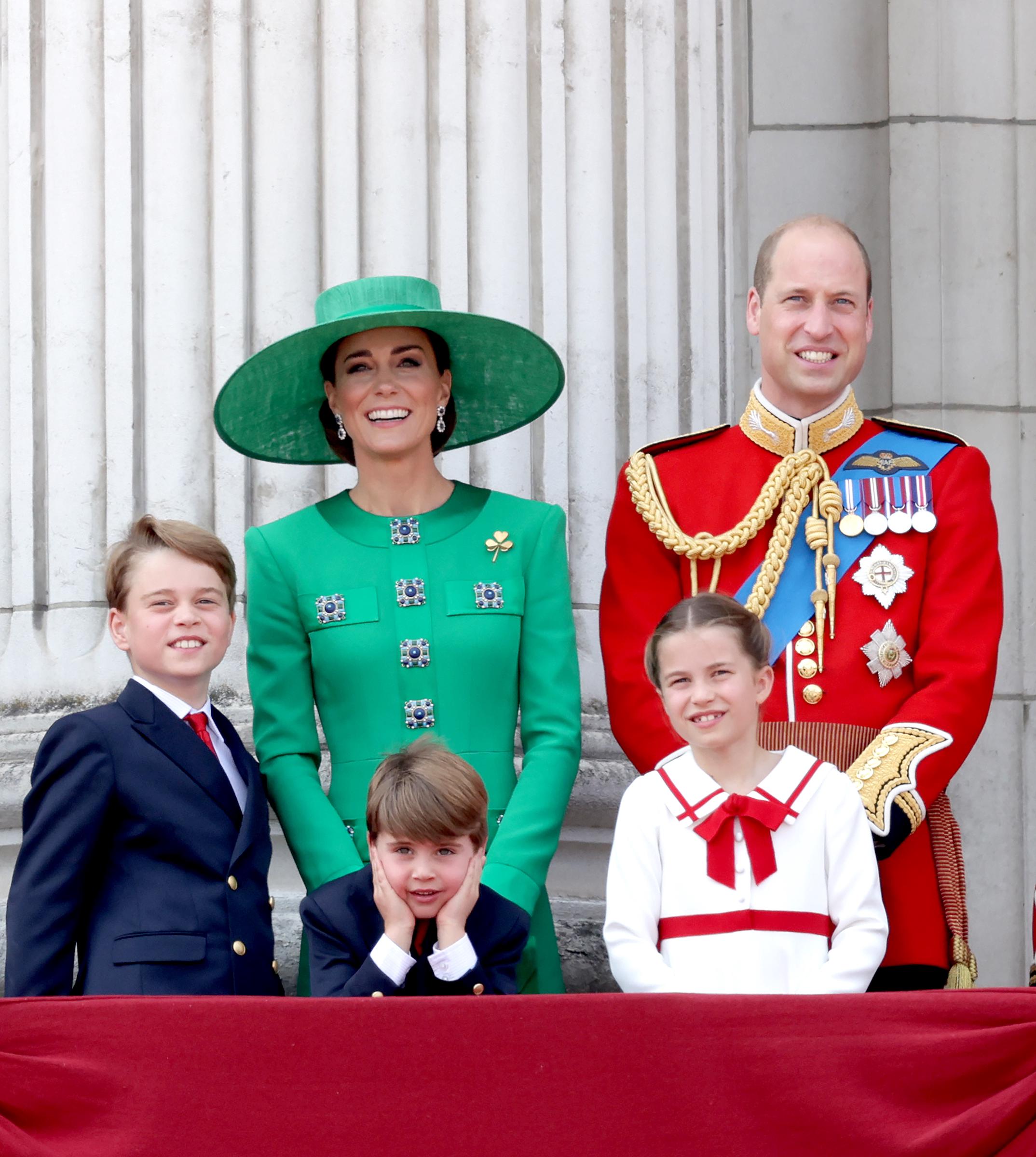 Prince William, Prince of Wales, Prince Louis of Wales, Catherine, Princess of Wales , Princess Charlotte of Wales and Prince George of Wales on the Buckingham Palace balcony during Trooping the Colour on June 17, 2023, in London, England. | Source: Getty Images