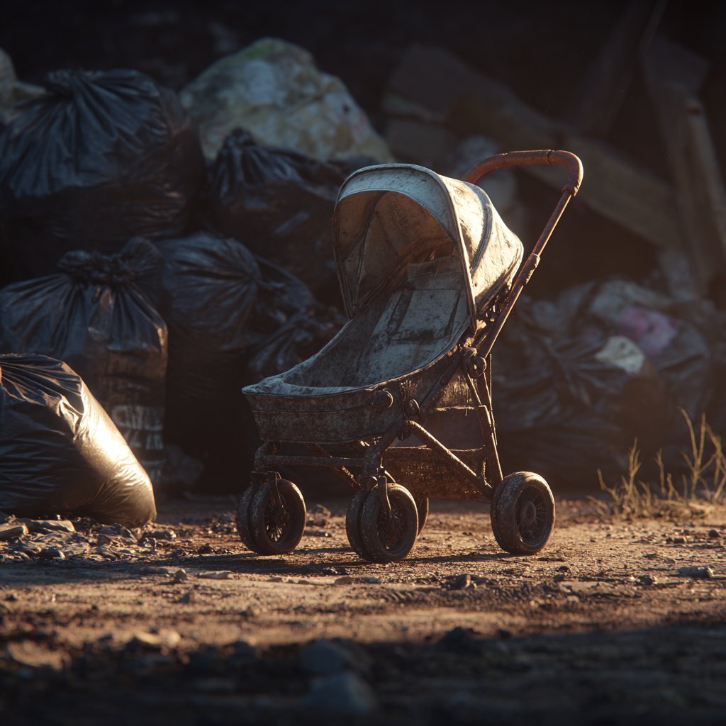 A dirty and empty baby stroller beside a pile of garbage bags | Source: Midjourney