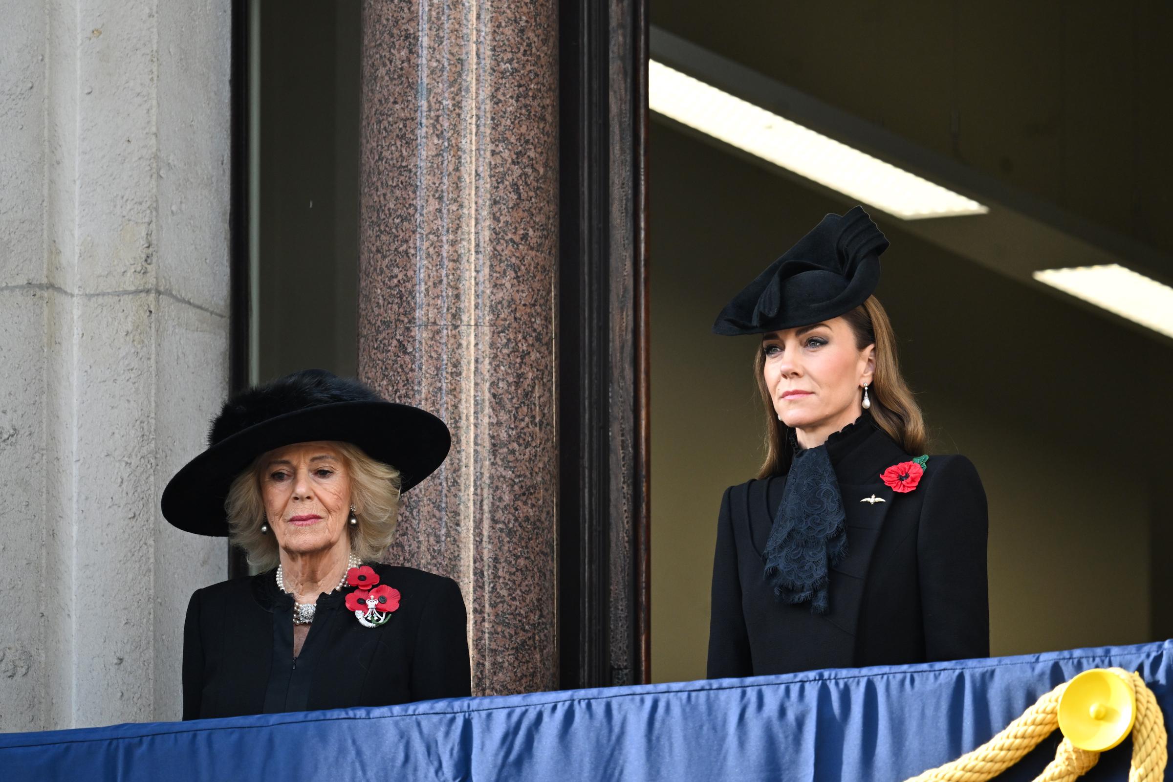 Queen Camilla and Catherine, Princess of Wales reflect during a two minute silence at the National Service of Remembrance at The Cenotaph on November 9, 2025 in London, England | Source: Getty Images