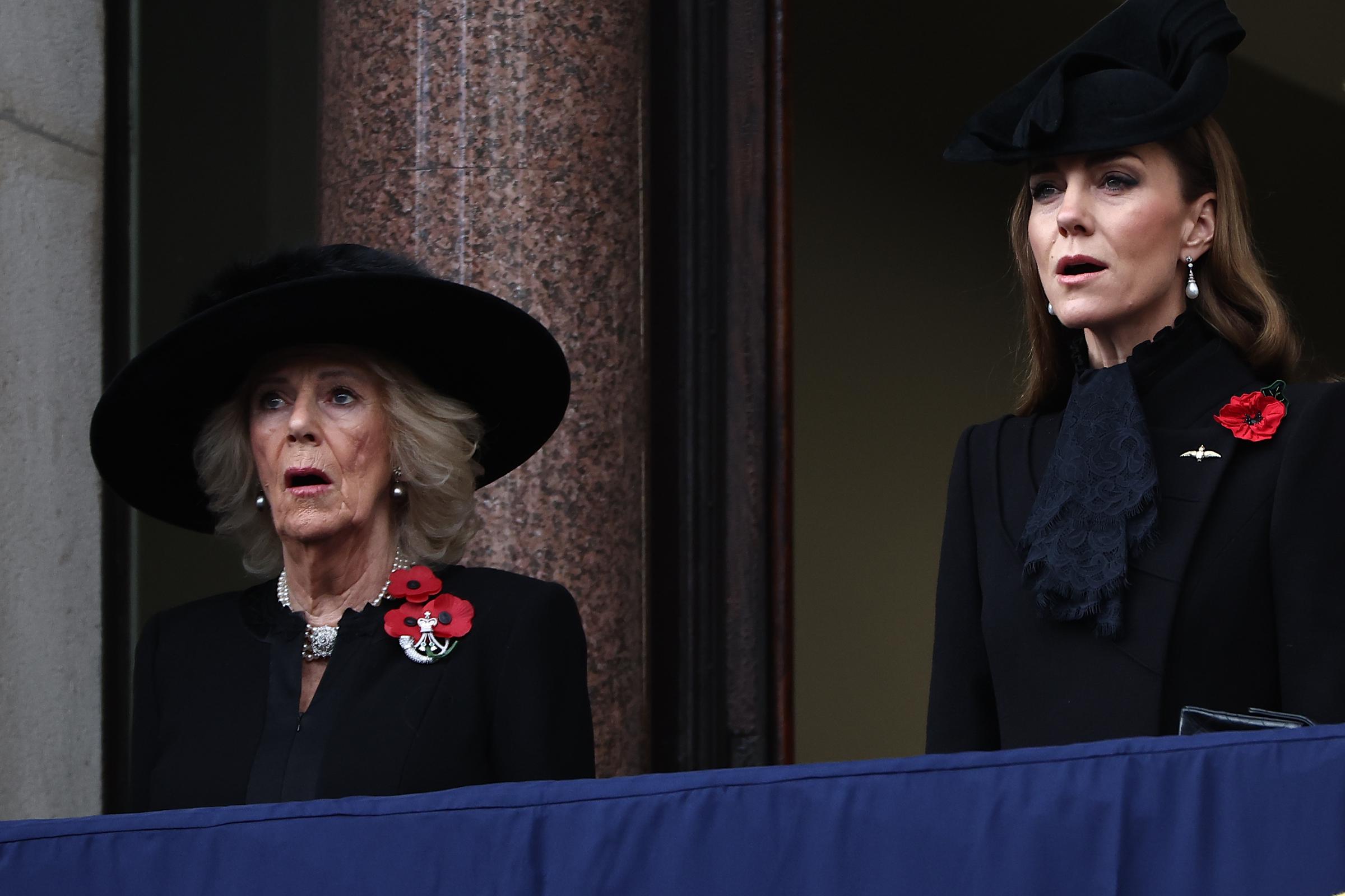 Queen Camilla and Catherine, Princess of Wales during the 2025 National Service of Remembrance at The Cenotaph in London, England | Source: Getty Images