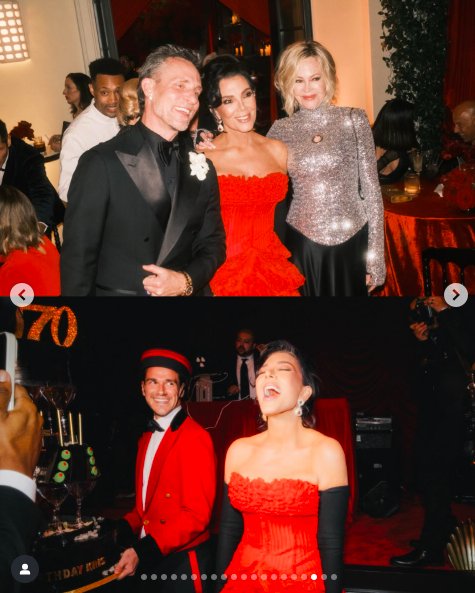 Top photo: Kris Jenner posing with Melanie Griffith and another guest. Bottom photo: Kris Jenner laughing as a server looks at her and smiles. | Source: Instagram/krisjenner