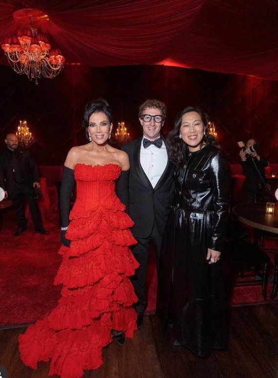 Kri Jenner poses with Mark Zuckerberg and Priscilla Chan during her 70th birthday celebration, dated November 10, 2025 | Source: Instagram/krisjenner