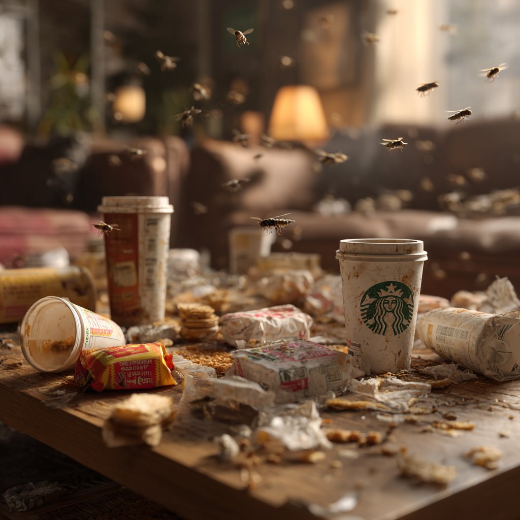 A mess of coffee cups and food wrappers on a table | Source: Midjourney