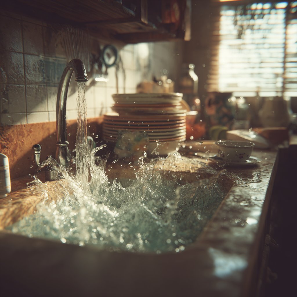 Close-up view of an overflowing kitchen sink | Source: Midjourney