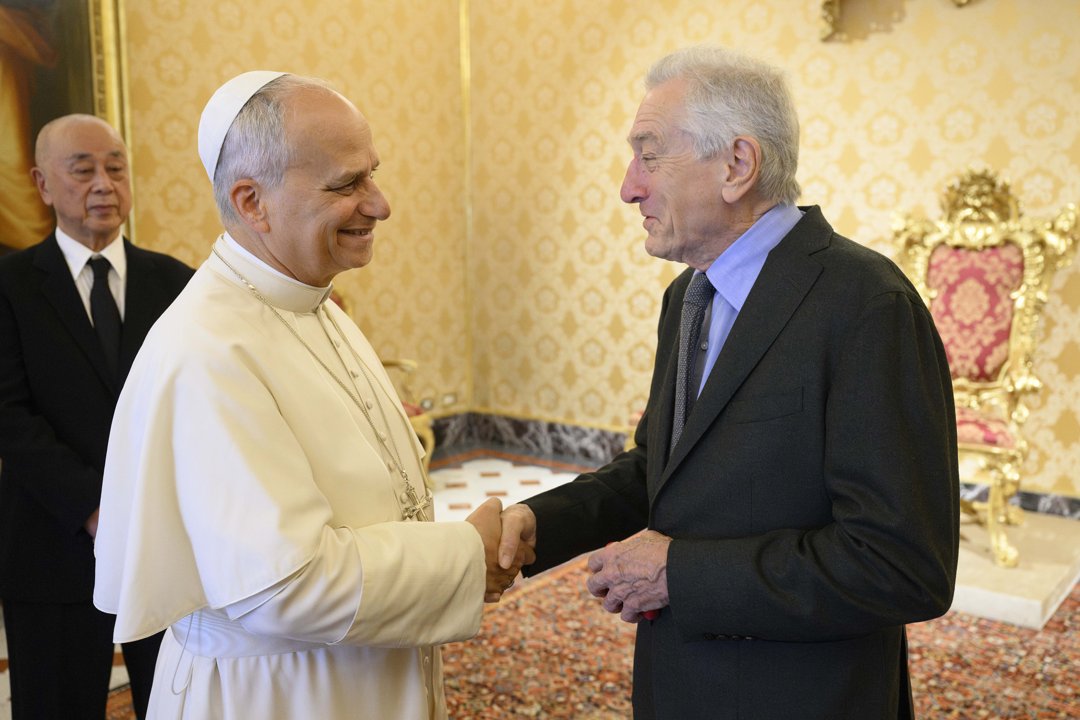 Pope Leo XIV meeting Robert De Niro at the Apostolic Palace on November 7, 2025, in Vatican City. | Source: Getty Images