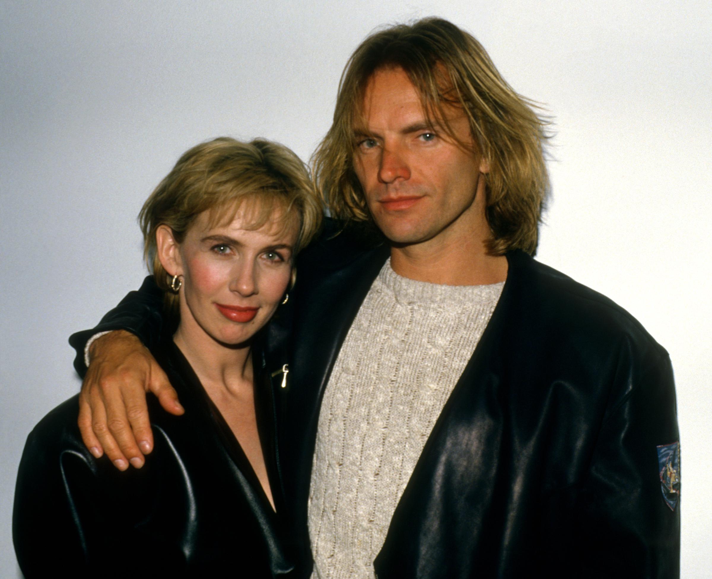 Trudie Styler, at 35, featured a short, blonde bob with soft bangs, a warm, genuine smile that accentuated her cheek structure, and fine definition around her large eyes, as she posed for a portrait with Sting circa 1989 in Los Angeles, California.