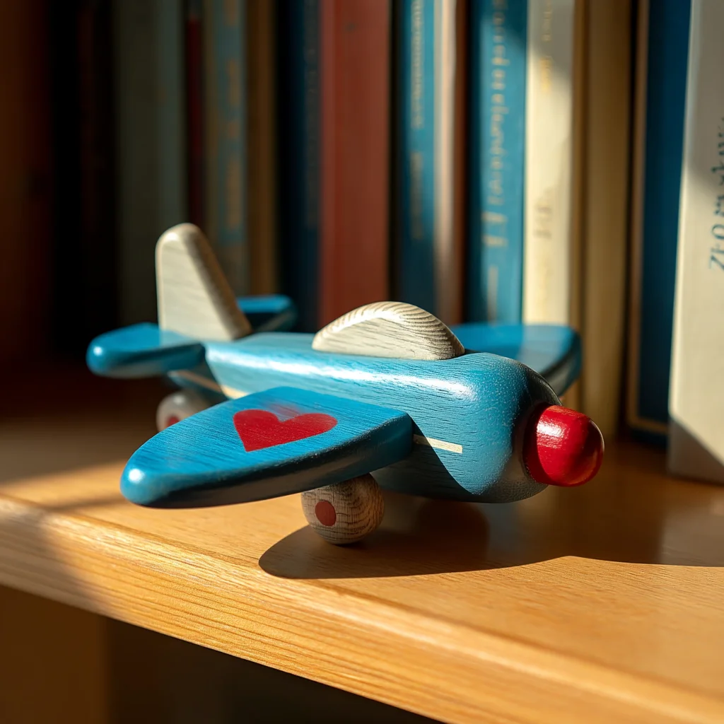 A wooden toy airplane sitting on a bookshelf | Source: Midjourney