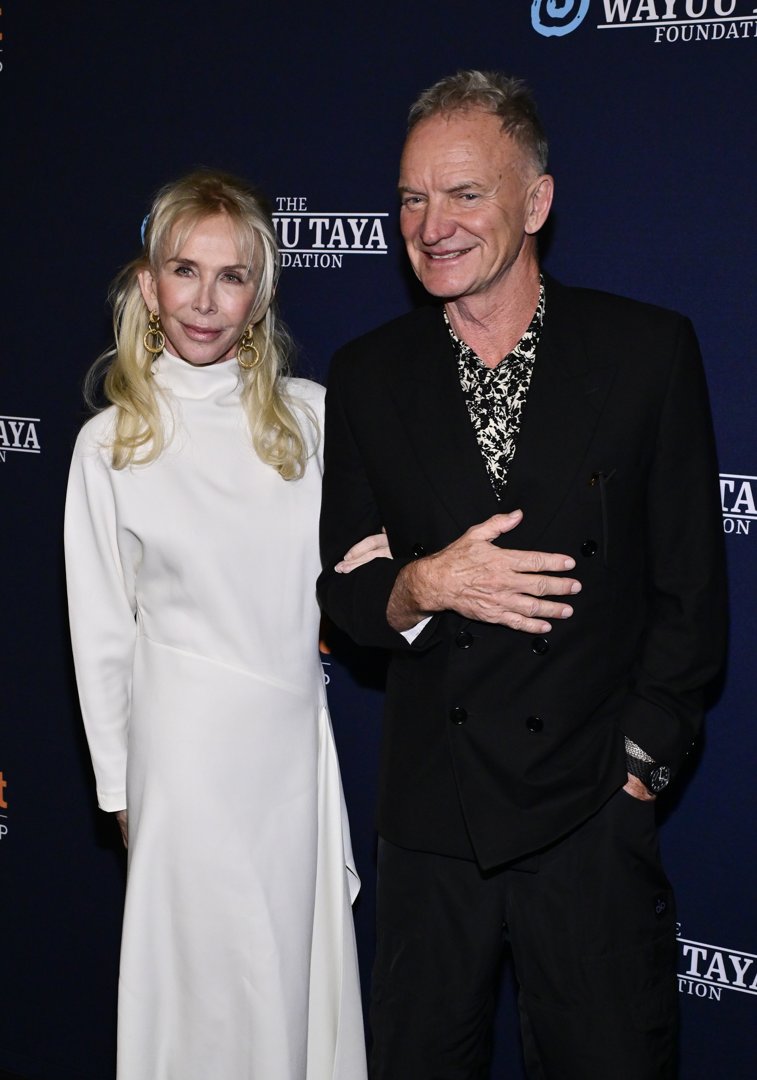 Trudie Styler, at 71, showed a smooth, slightly puffy lower face and long, soft blonde hair with bangs that partially obscured her forehead, while attending The Wayuu Taya Foundation's Spring Gala with Sting on March 11, 2025, at Chelsea Industrial in New York City.