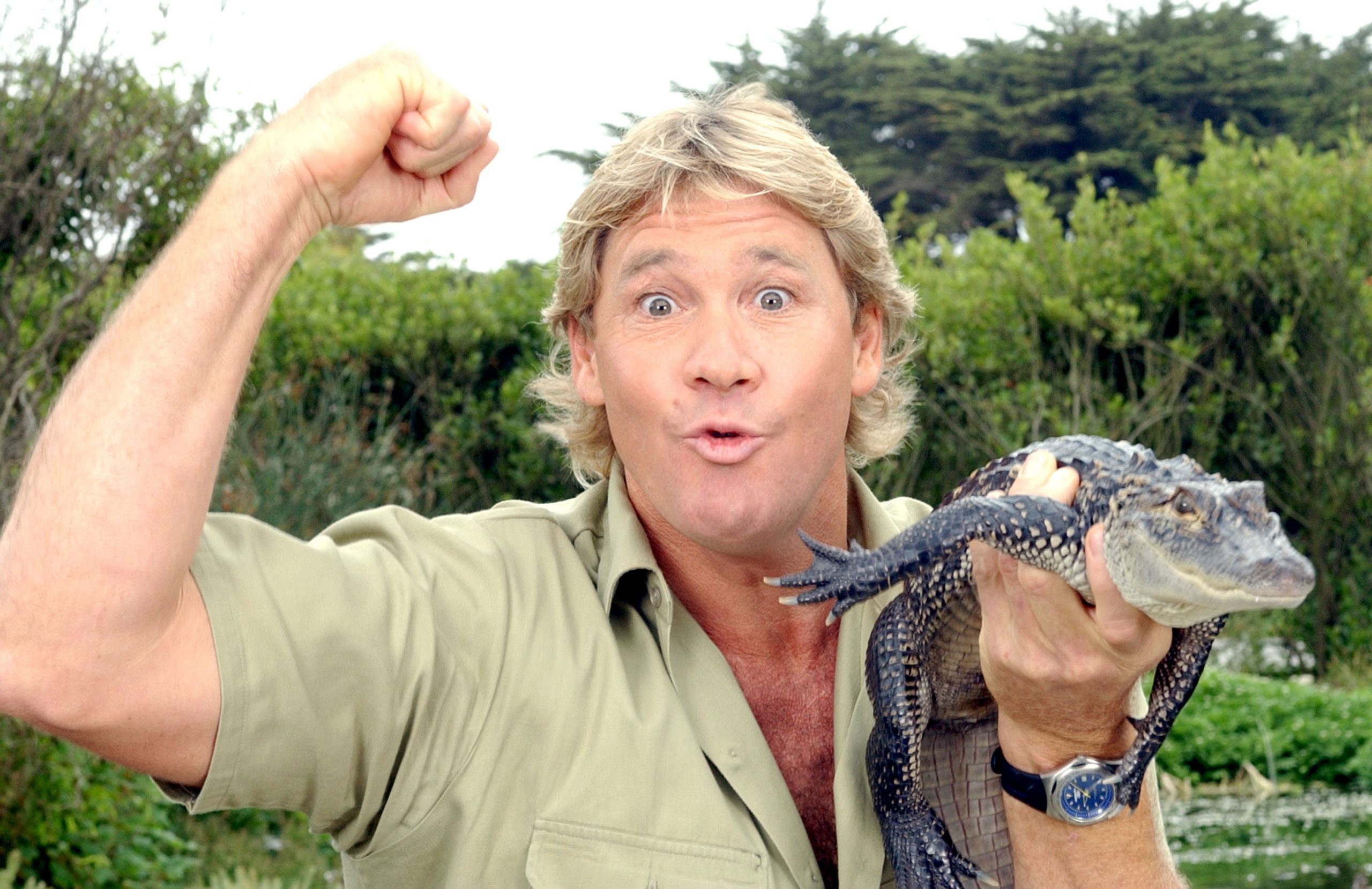 Steve Irwin posing with an alligator during the filming of