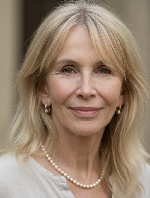 How Trudie Styler would've possibly looked if she hadn't needed so many surgeries after the van accident. The difference between this photo and her real images is even more subtle, but her features are less stretched and not bloated, which makes them look more natural. | Source: Grok