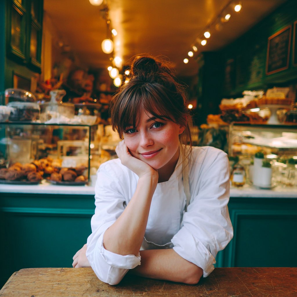 A smiling woman leaning against a table | Source: Midjourney