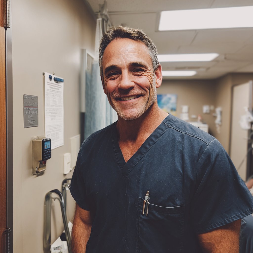 A smiling doctor wearing scrubs | Source: Midjourney