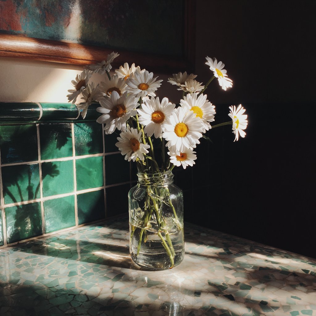 A vase of flowers on a counter | Source: Midjourney