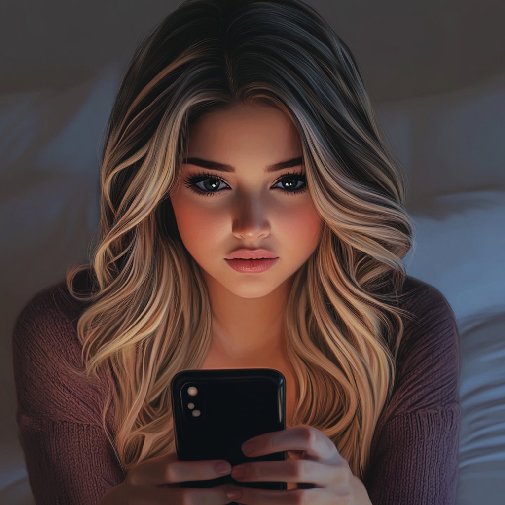 A sad woman holding her phone | Source: Midjourney