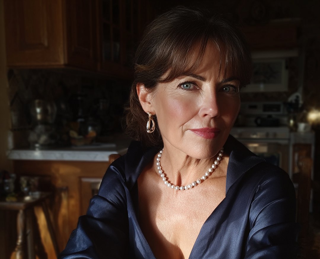 A smug older woman wearing a pearl necklace | Source: Midjourney
