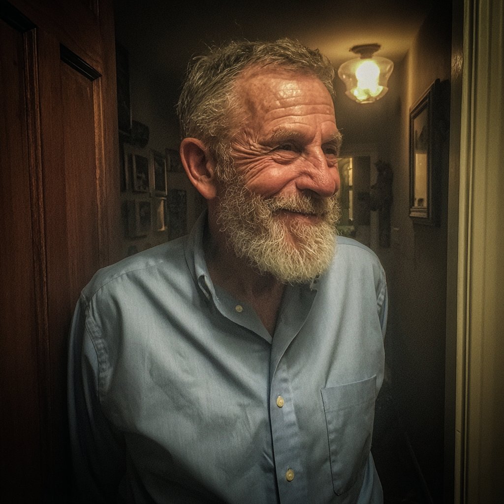 A smiling older man standing in a home hallway | Source: Midjourney