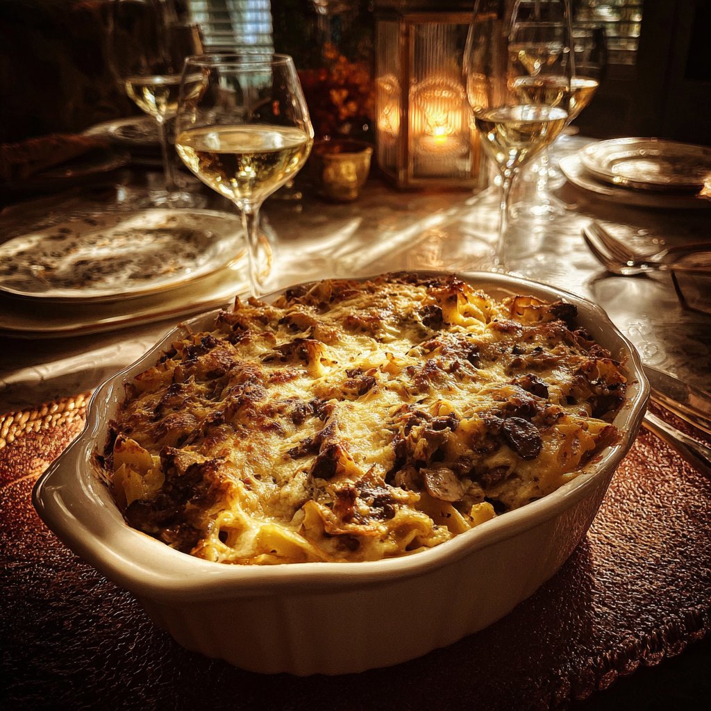 A beef stroganoff casserole on a table | Source: Midjourney
