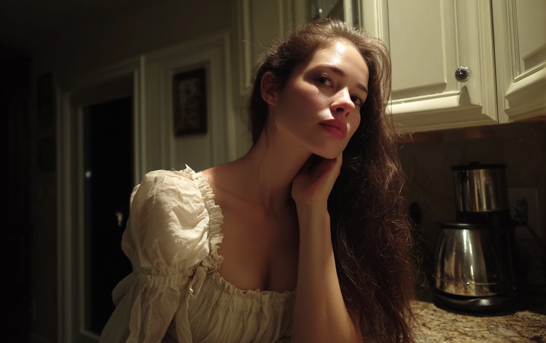 A woman leaning against a kitchen counter | Source: Midjourney