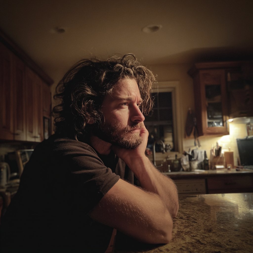A frowning man sitting at a kitchen counter | Source: Midjourney