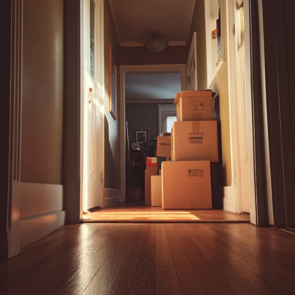 Stacked cardboard boxes in a hallway | Source: Midjourney