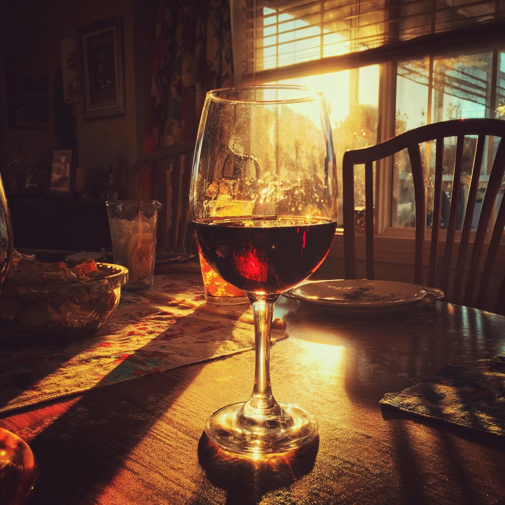 A glass of wine on a table | Source: Midjourney