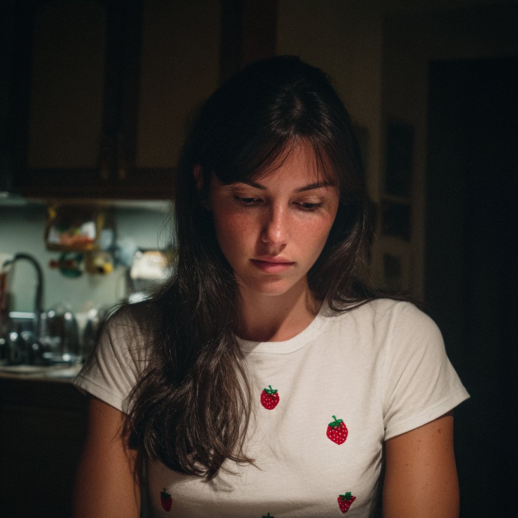 An emotional woman sitting at a table | Source: Midjourney
