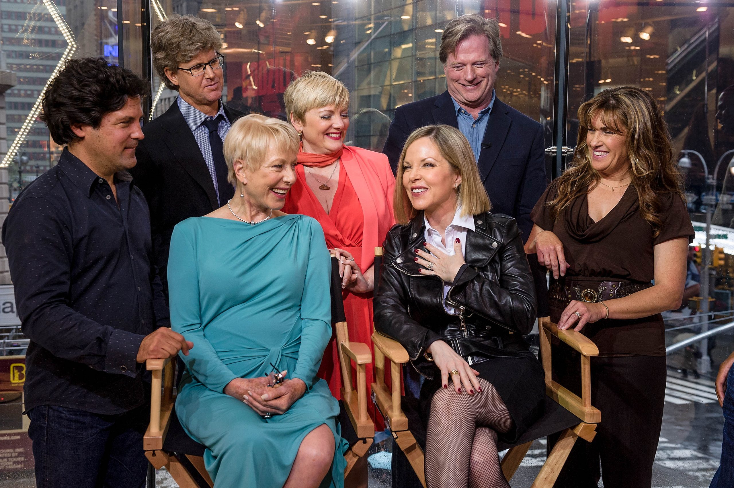 Matthew Labyorteaux, Michael Landon Jr., Alison Arngrim, Dean Butler, Lindsay Greenbush, (L-R seated) Karen Grassle, and Melissa Sue Anderson visit 