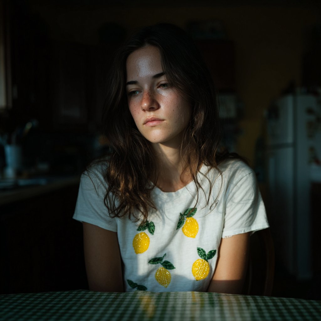 A pensive woman sitting at a table | Source: Midjourney