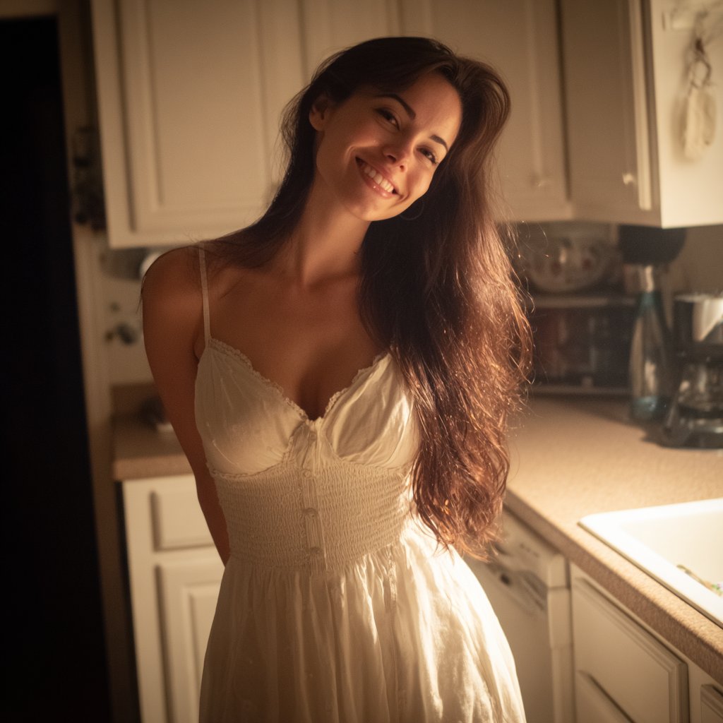 A smiling woman wearing a white dress | Source: Midjourney