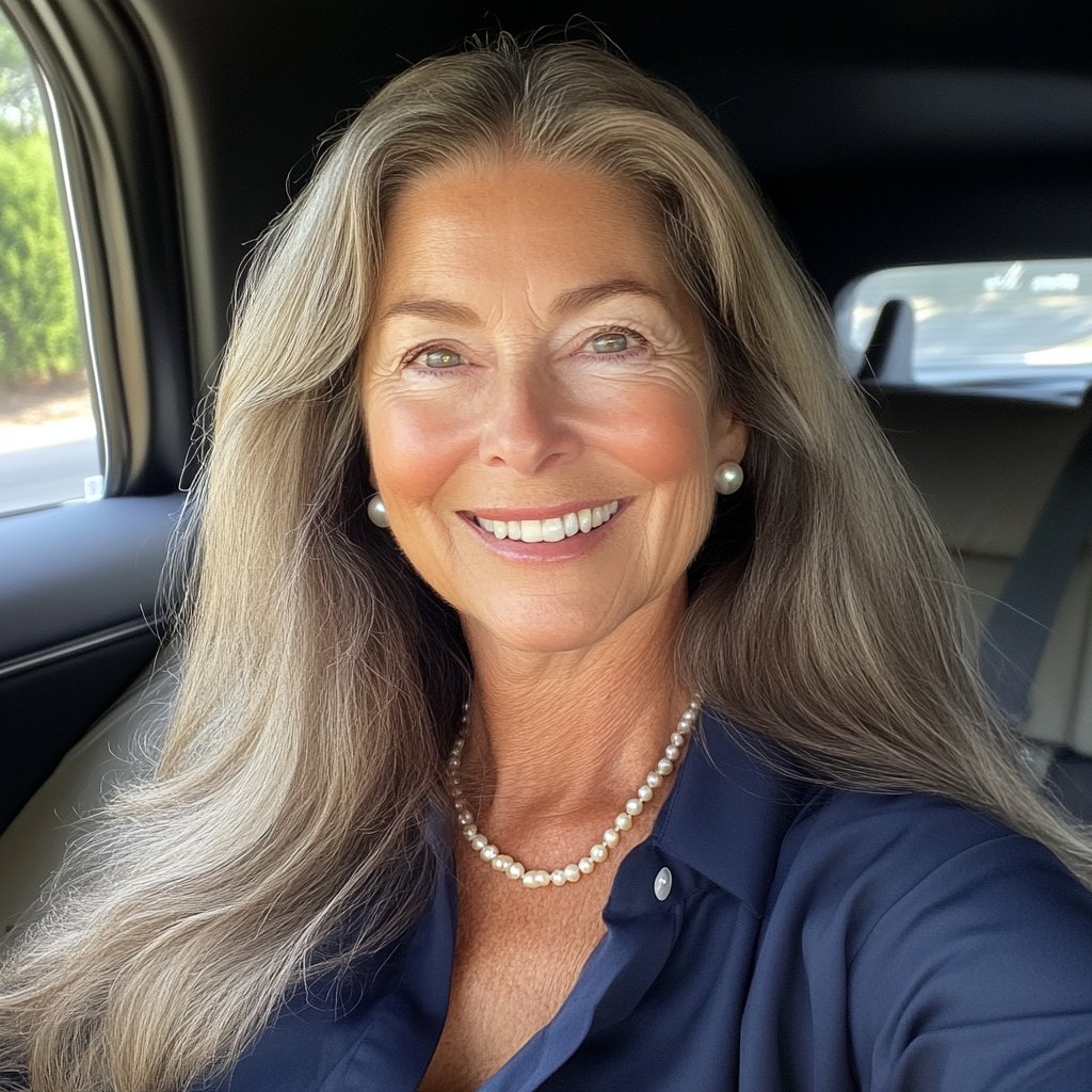 A smiling older woman sitting in a car | Source: Midjourney