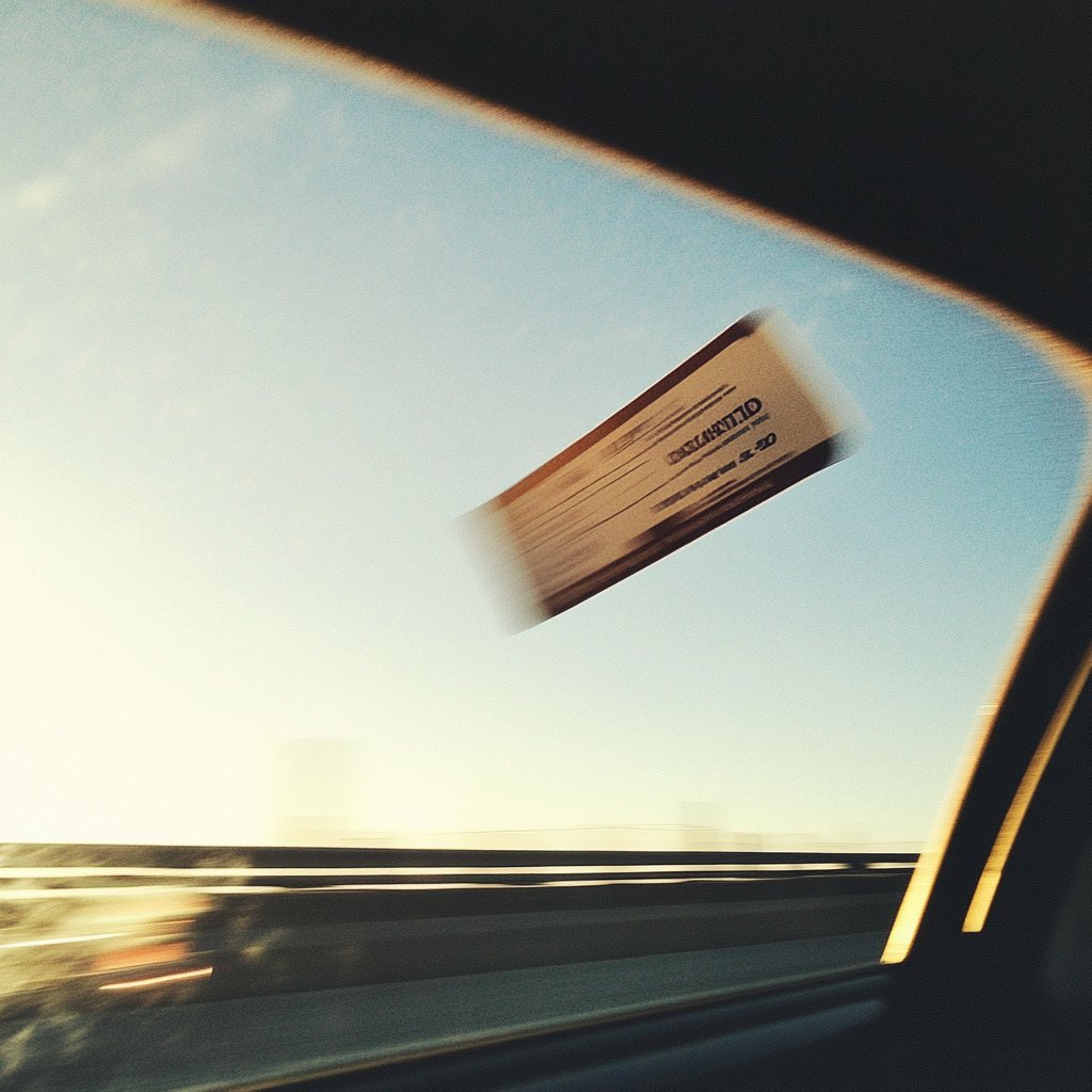 A boarding ticket flying out of a car window | Source: Midjourney