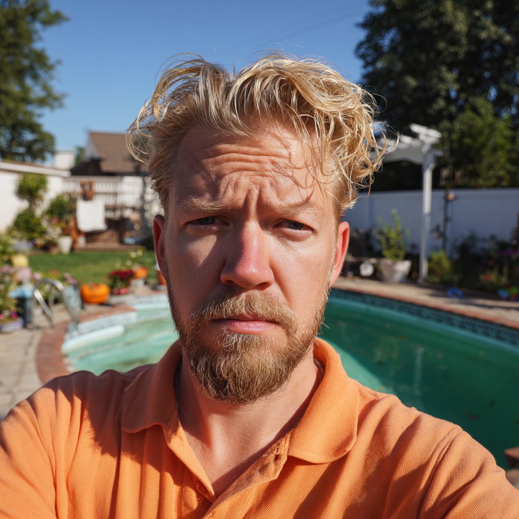 A frowning man in an orange polo shirt | Source: Midjourney