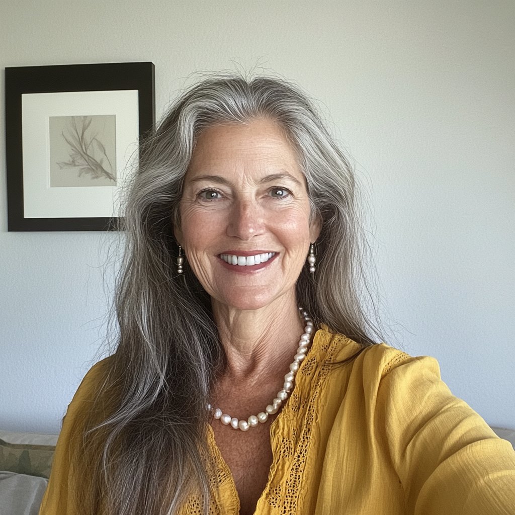 A smiling older woman wearing a pearl necklace | Source: Midjourney