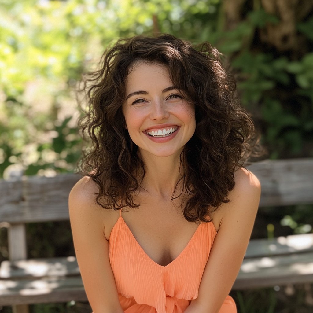 A smiling woman sitting outside | Source: Midjourney