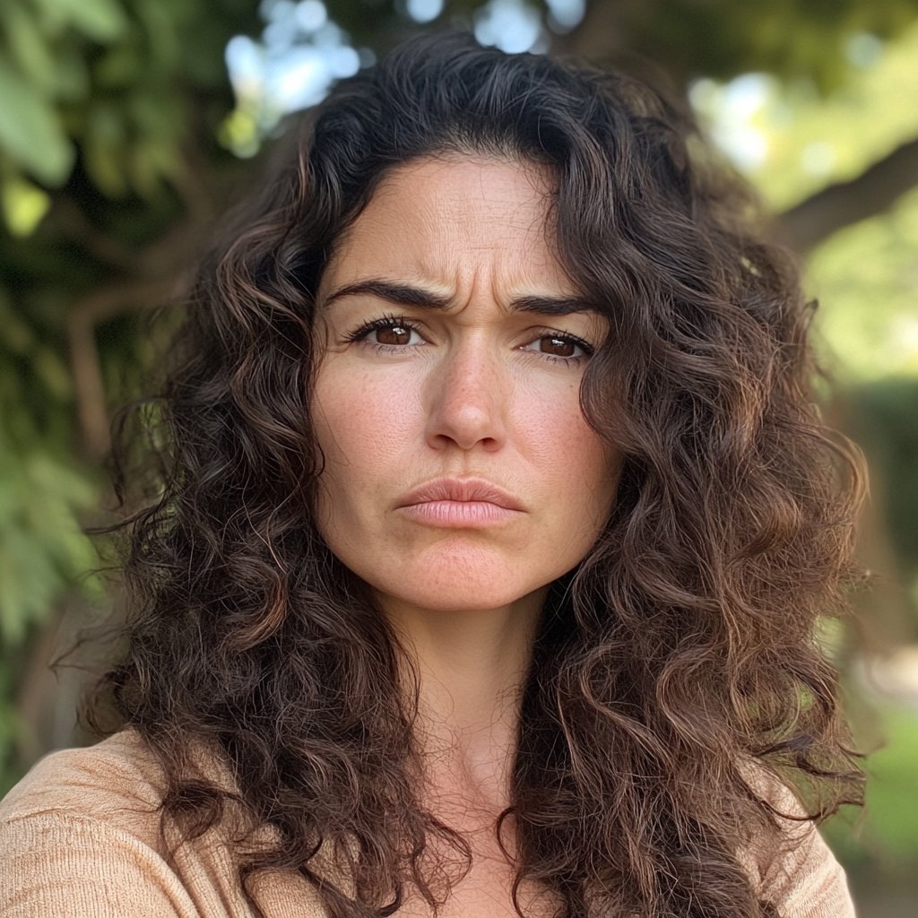 A frowning woman with curly hair | Source: Midjourney