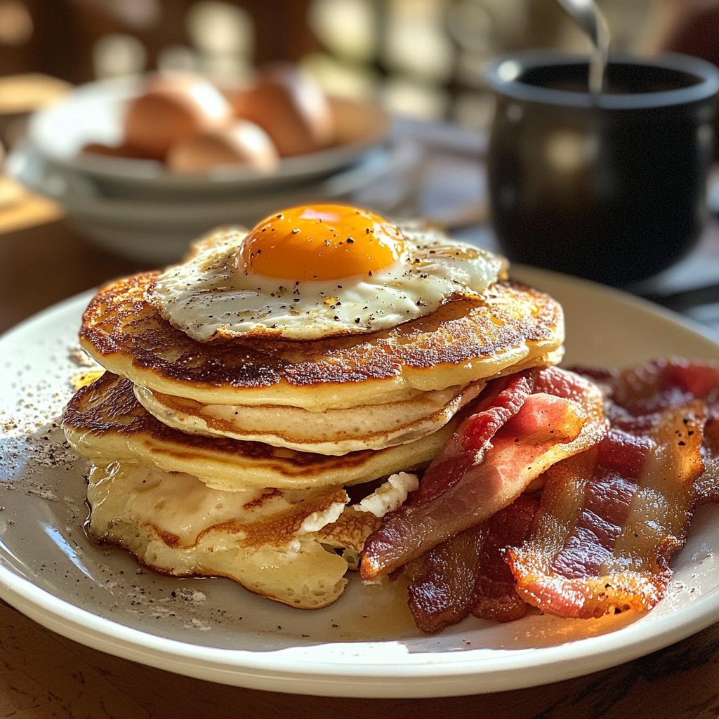 A breakfast stack on a plate | Source: Midjourney