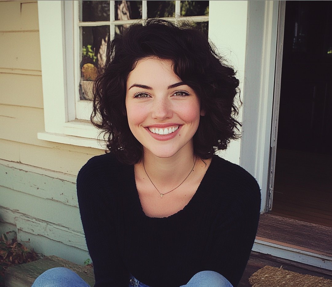 A smiling woman sitting on a porch step | Source: Midjourney