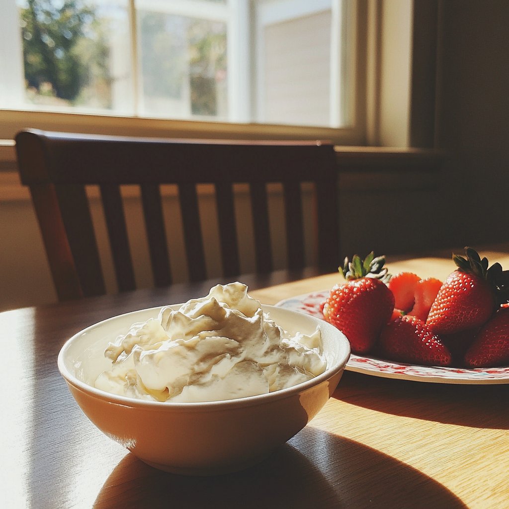 Strawberries and whipped cream on a table | Source: Midjourney