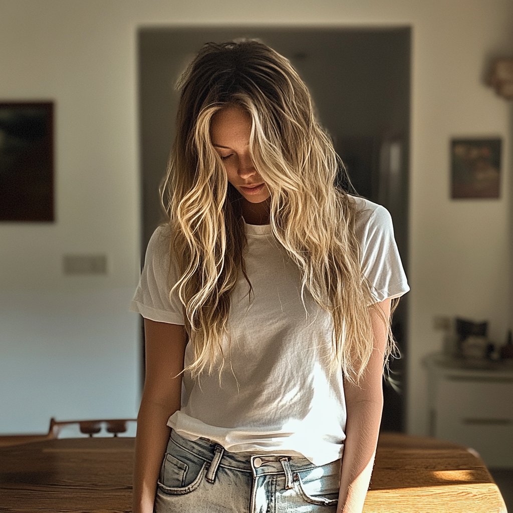 A young woman looking at the floor | Source: Midjourney