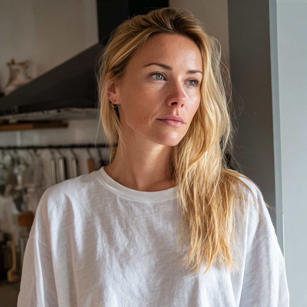 A concerned woman standing in a kitchen | Source: Midjourney
